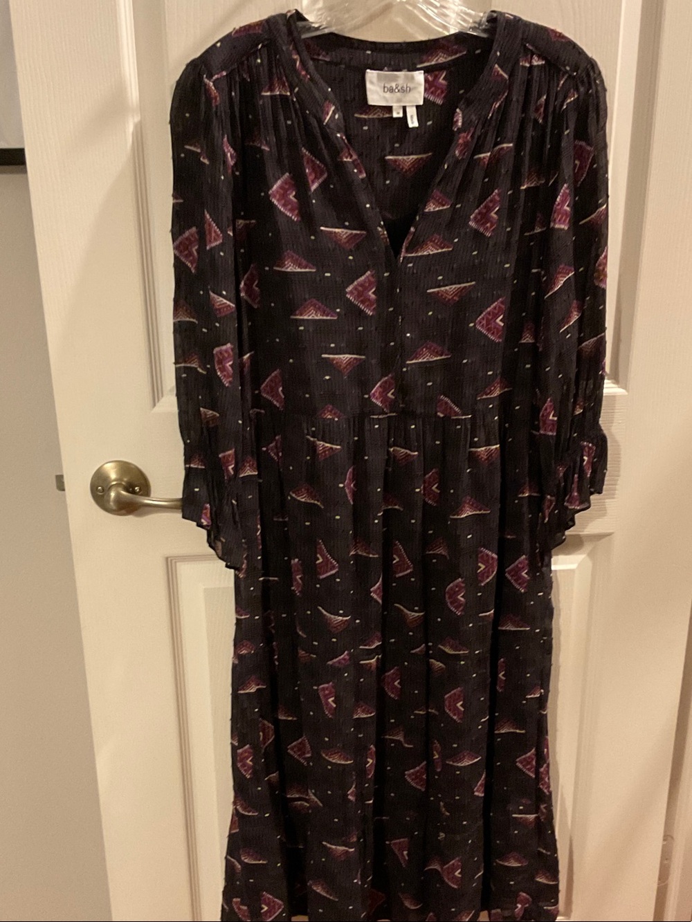 ba&sh Black Midi Dress with Pink Geometric Print